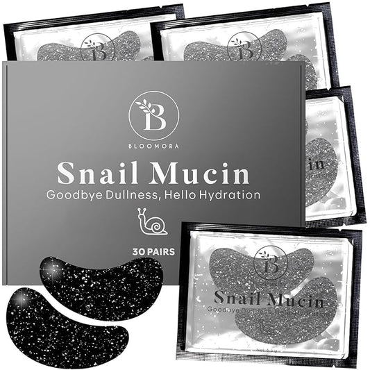 BLOOMORA Snail Mucin Under Eye Patches (30 PAIRS), For Puffy Eyes and Dark Circles, Under Eye Mask with Hyaluronic Acid & Hydrolyzed Collagen, Deeply Hydrating Formula, Patch Yeux