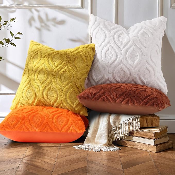 decorUhome Faux Fur Mustard Yellow Throw Pillow Covers 22x22 Set of 2 | Plush Solid Fall Couch Pillow Covers, Accent Modern Farmhouse Neutral Decorative Soft Pillow Cases for Sofa Bed Living Room