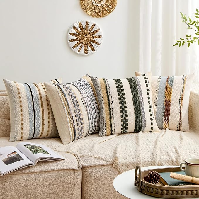 ANRODUO Boho Decorative Pillow Covers Gray Blue Stripe 18x18 Inch Pack of 1 | Throw Pillow Covers, Farmhouse Cushion Case, Chenille Pillow Cases, Pillow Covers, Accent Neutral Pillowcase for Couch Bed