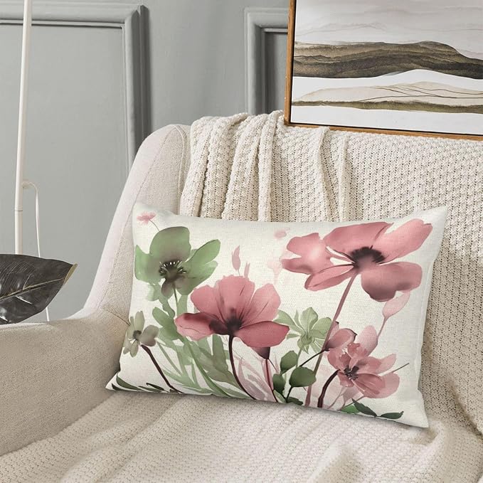 Spring Floral Pillow Covers 12x20 Inches Set of 2 Sage Green Pink Floral Throw Pillow Covers Outdoor Summer Flower Decoration Pillowcase Farmhouse Decorative Lumbar Cushion Cover For Home Sofa