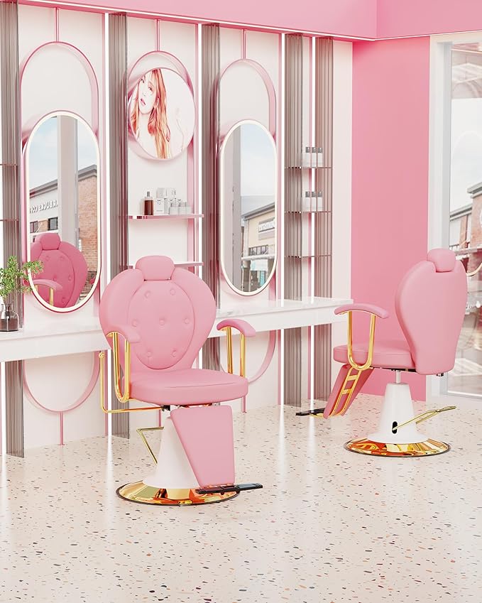 Baasha Pink Reclining Salon Chair for Hair Stylist, All-Purpose Hydraulic Barber Chair, 360° Swivel Design, Adjustable Headrest, Heavy-Duty Base, 440 lbs Capacity