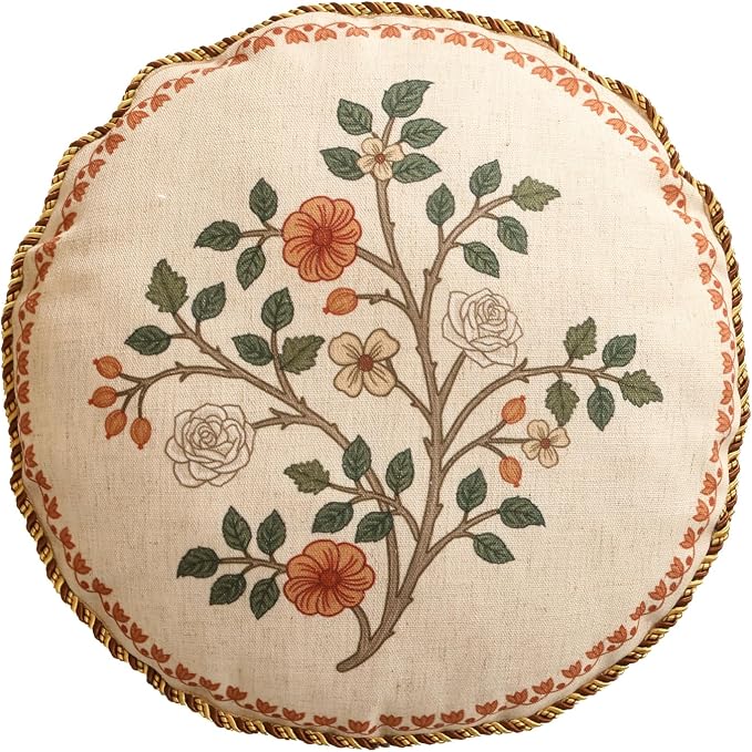 Designer Elegant Linen Throw Pillow Cover,Diameter 16"-Flora B | Vintage French Round Decor Pillow Cover,Concealed Zipper Design,Floral Pattern,Sofas,Bedroom,Living Room,Lounge Chairs