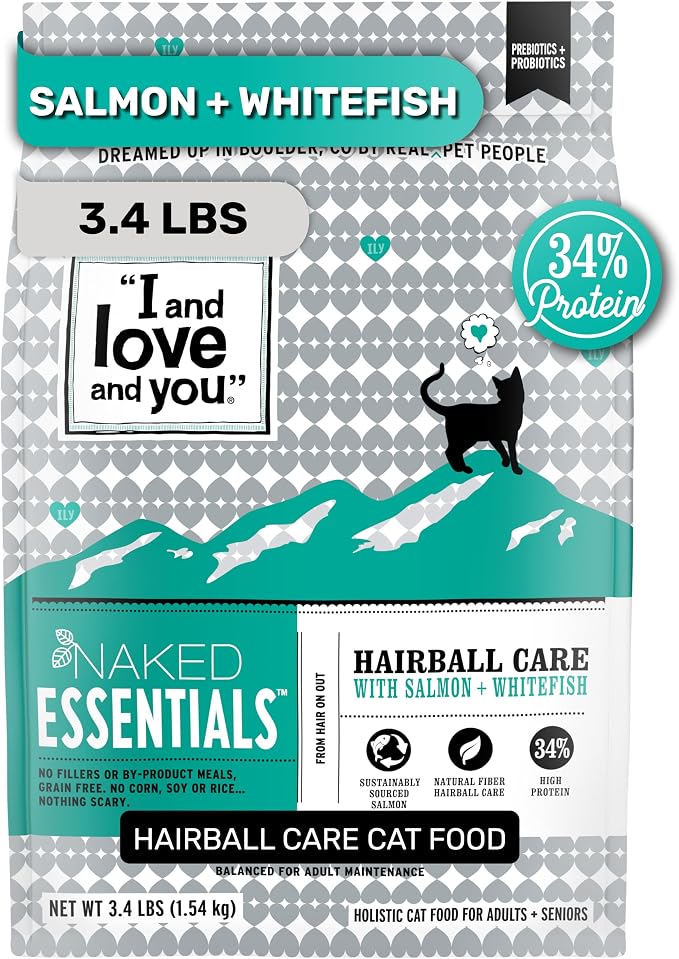 I AND LOVE AND YOU Naked Essentials Dry Cat Food - Salmon + Whitefish for Hairball Care - Grain Free, Real Meat, No Fillers, 3.4lb Bag