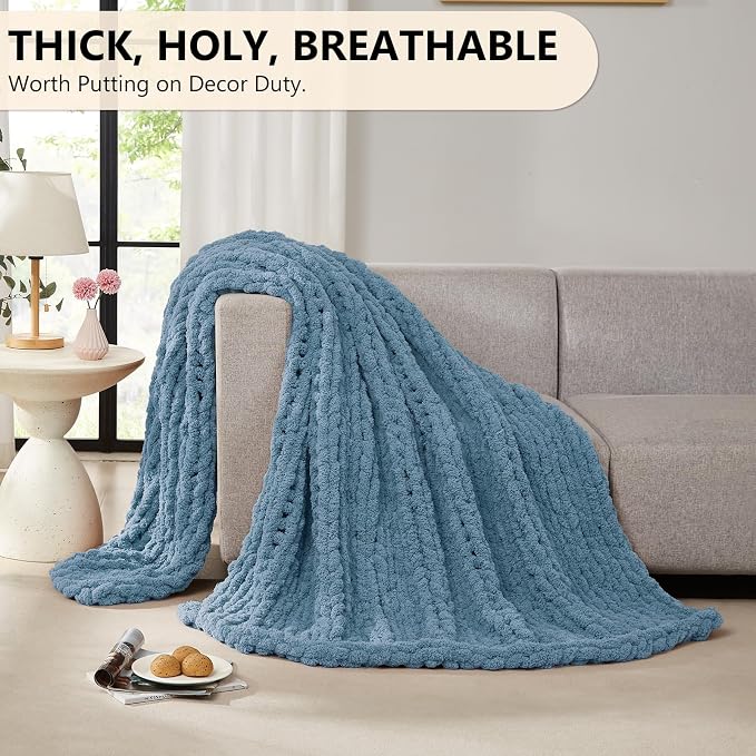 L'AGRATY Chunky Knit Throw Blanket for Couch, 72 x 84 Inches, Airy Blue | Handmade Chenille Crochet Blanket for Sofa Bed, Thick Cable Knitted Blankets for Room Home Decor, Birthday Gift for Women Mom