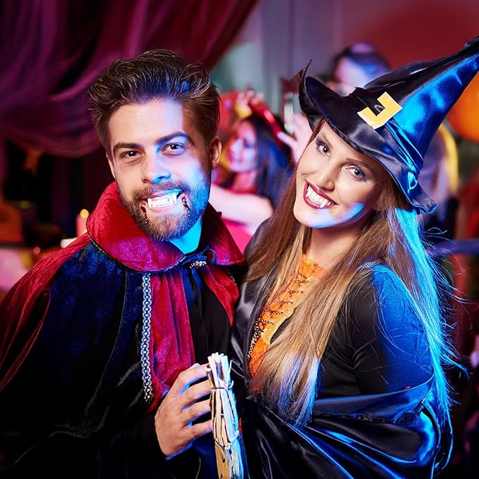 4 Pairs Vampire Teeth Fangs, 4 Sizes Halloween Vampire Fake Fangs with 2 Packs of Tooth Solid Adhesive for Cosplay Props Halloween Party Accessories Masquerade Dress up Favors