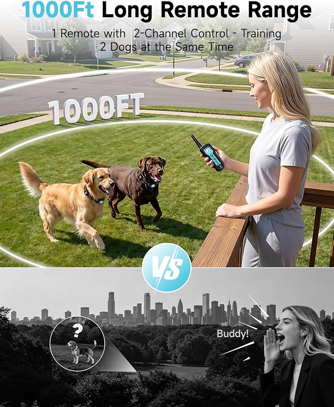 PATPET Shock Collar for Large Dog - Rechargeable Dog Training Collar with Remote for Medium Large Dogs 1000Ft Remote Range 3 Training Modes IPX7 Waterproof Blue,For 1 dog