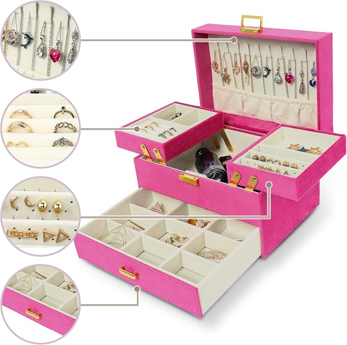 Jewelry Organizer Box, Large Jewelry Boxes for Women Girls, Space-Saving 3 Layers Jewelry Storage Case with Drawer, Gift Idea for Christmas, Valentine's Day, Birthday, Mother's Day (Red)