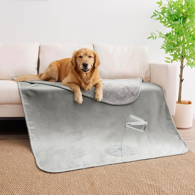 Waterproof Blanket - Reversible Dog Throw as Furniture Protector | Soft Velvet & Flannel, TPU Leak-Proof Liner, Machine Washable, Fits Couch and Bed, 40" x 50", Lightgrey/Darkgrey