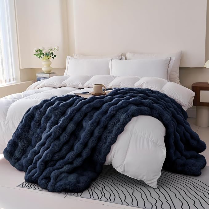Comelady Soft Fluffy Faux Fur Throw Blanket 50"x60", Bubble Plush Texture | Navy Blue Thick Fuzzy Throw, No-Shedding, Aesthetic & Cozy for Couch Bed Room Decor, Warm Gift for Women Men