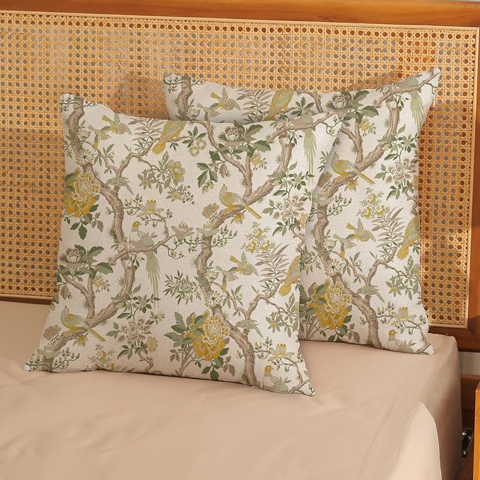 Yellow Green Floral Bird Pillow Covers 18x18 Set of 2 Chinoiserie Throw Pillows Vintage Flowers Bird Decorative Pillow Cases Outdoor Chinoiserie Decor Farmhouse Cushion Case for Couch Sofa