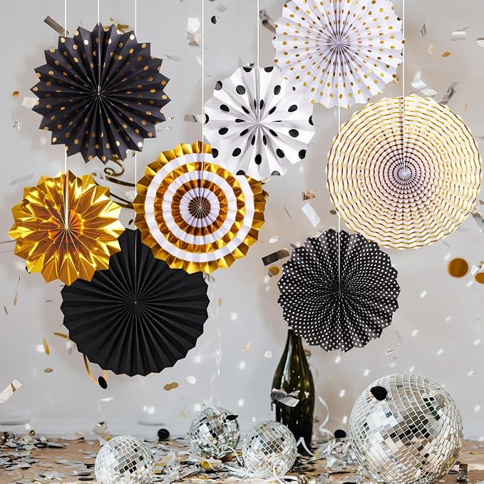 Black and Gold Decorations, Hanging Honeycomb Paper Pompoms Fan for Graduation Birthday Wedding Photo Backdrop Prom Night New Years Black and Gold Party Decorations, Set of 8