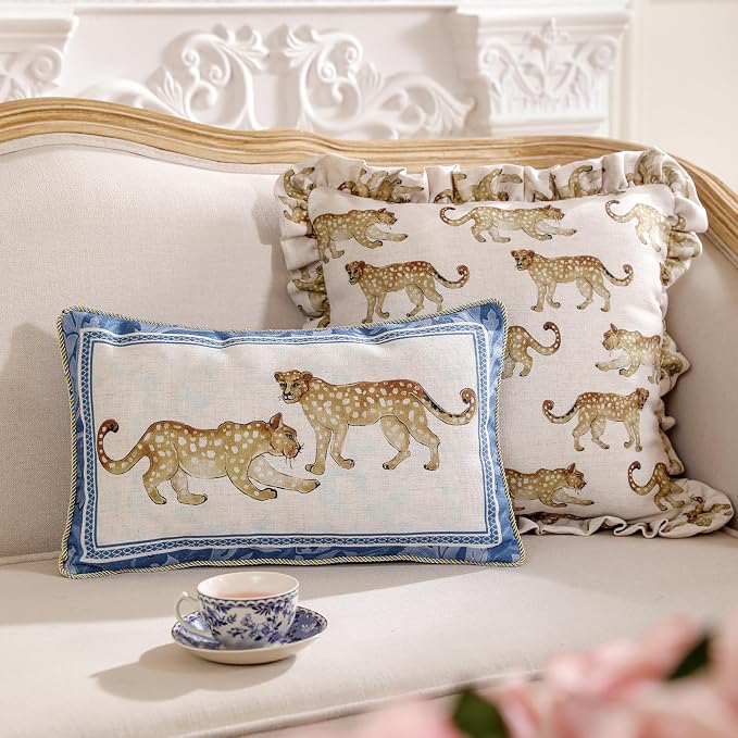 patdrea Designer French Vintage Linen Throw Pillow Cover,12"x20"-Fromm E | Elegant Decorative Pillow Case with Zipper,Leopard Pattern,Pillow Cover for Couch Living Room Bedroom Sofa