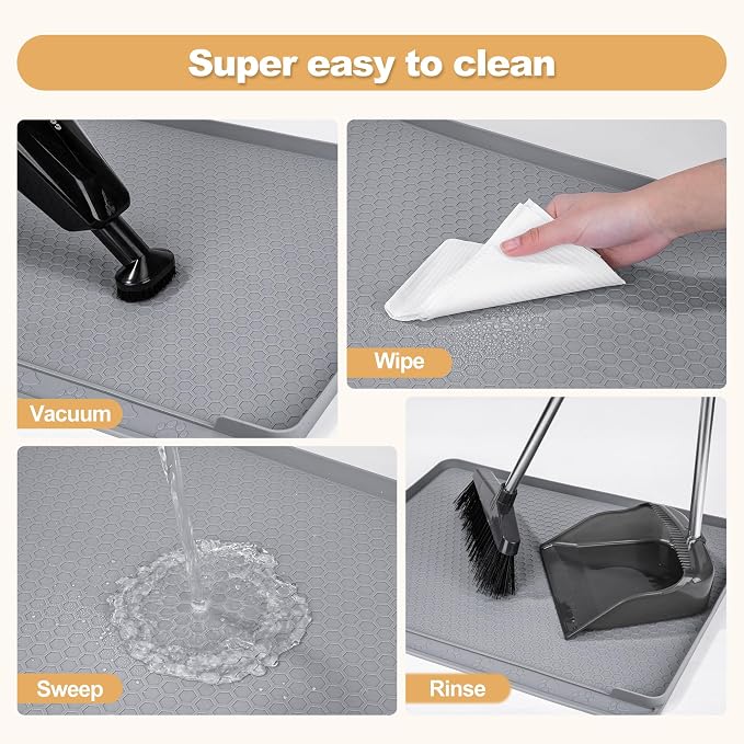 Extra Large Cat Litter Box Mat 34" x 22" – Waterproof Silicone Litter Trapper, Non-Slip, Easy to Clean Floor Protector, Soft on Kitty Paws(Light Grey)