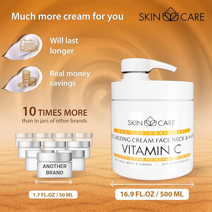 Skin Care Vitamin C 3-in-1 Moisturizer Face Cream, Neck and Hands - Treatment for Crepey Texture, Wrinkles and Sagging - Daily Lotion for All Skin Types - 16.9 fl. oz.