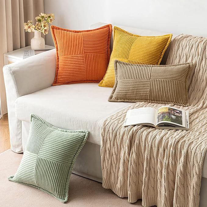 MIULEE Decorative Throw Pillow Covers for Couch 20x20 Inch Khaki 2 Pack | Boho Broadside Striped Patchwork Pillow Covers, Soft Corduroy Cushion Cases, For Sofa Bed Livingroom Home Decor