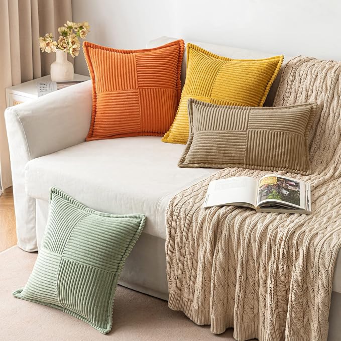 MIULEE Decorative Lumbar Throw Pillow Covers 12x20 Inch Khaki 2 Pack | Boho Broadside Striped Patchwork Pillow Covers, Soft Corduroy Cushion Cases, For Couch Sofa Bed Livingroom Home Decor