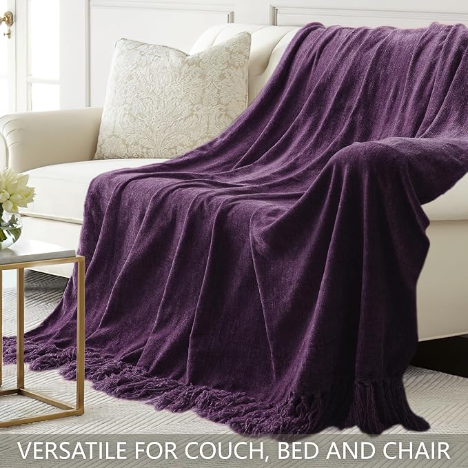 Chenille Throw Blanket for Couch 60" x 80" Twin, Dark Purple | Soft Cozy Warm Throws with Fringe Tassel, for Living Room Bed Sofa Chair Cover, Lightweight Knitted Decorative Boho Blankets