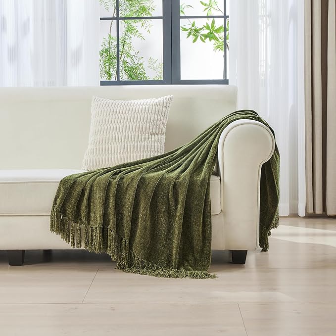 CozeCube Chenille Throw Blanket, Olive Green Fringe Blanket, 60"X80" | For Couch, Cozy Plush Fuzzy Decorative Blanket with Fringe Tassels, Lightweight Throws for Bed Sofa Gift Home Decor