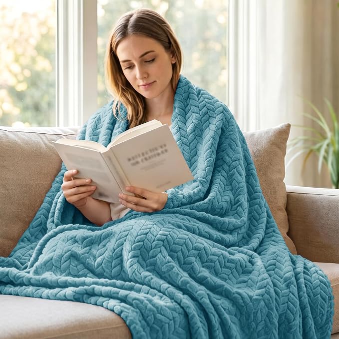 Exclusivo Mezcla Fleece Throw Blanket for Couch Sofa, 50”x70”, Slate Blue | Oversized Soft Cozy Fluffy Blankets for Summer, Decorative Plush Flannel Throws for Living room, Bedroom with Leaves Pattern