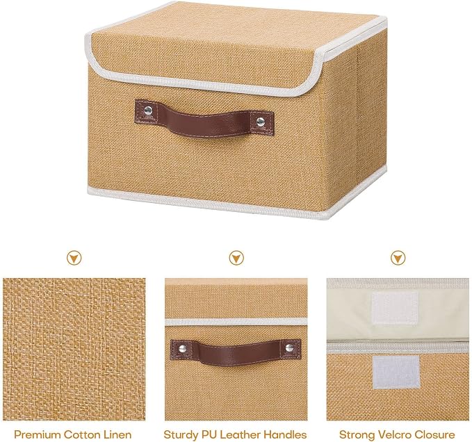 ANMINY Fabric Storage Box Bins with Lids, Khaki, 10"x8"x7" | Keepsake Memory Storage, Cotton Linen, PP Board Reinforced, Washable, PU Handles, Foldable & Stackable, Decorative, Small