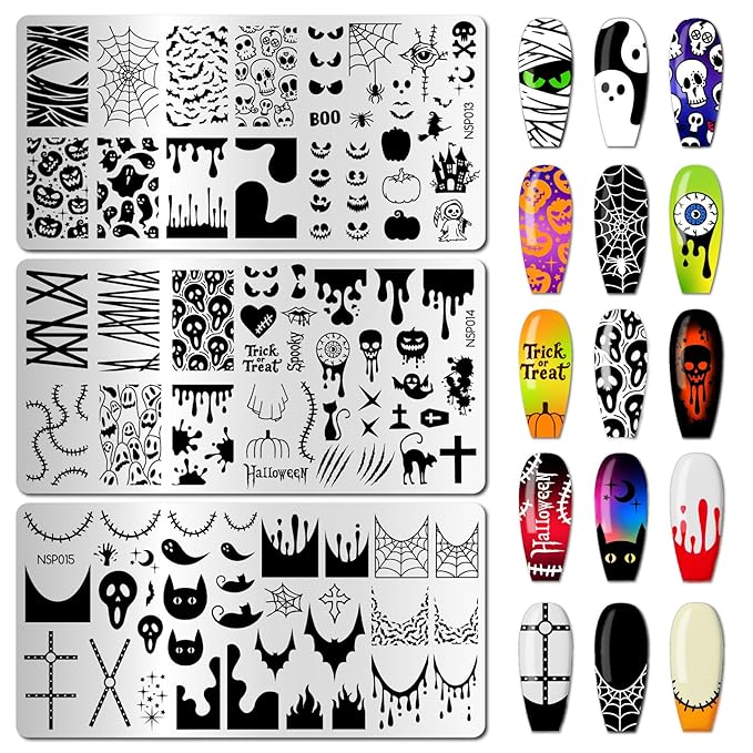Arbuya Halloween Nail Art Stamping Plates Set of 3 - Mummy, Pumpkin, Bats, Skull, Blood Drops & French Tips - Stainless Steel Manicure Art Tools for DIY Print Manicure Salon Design Gift Supplies
