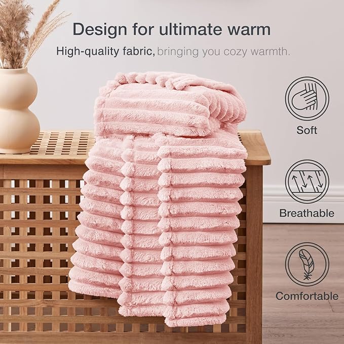EXQ Home Fleece Blanket Twin Size for Couch or Bed - 3D Stripe Jacquard Decorative Blankets - Cozy Soft Lightweight Fuzzy Flannel Blanket Suitable for All Seasons(60"×80",Pink)