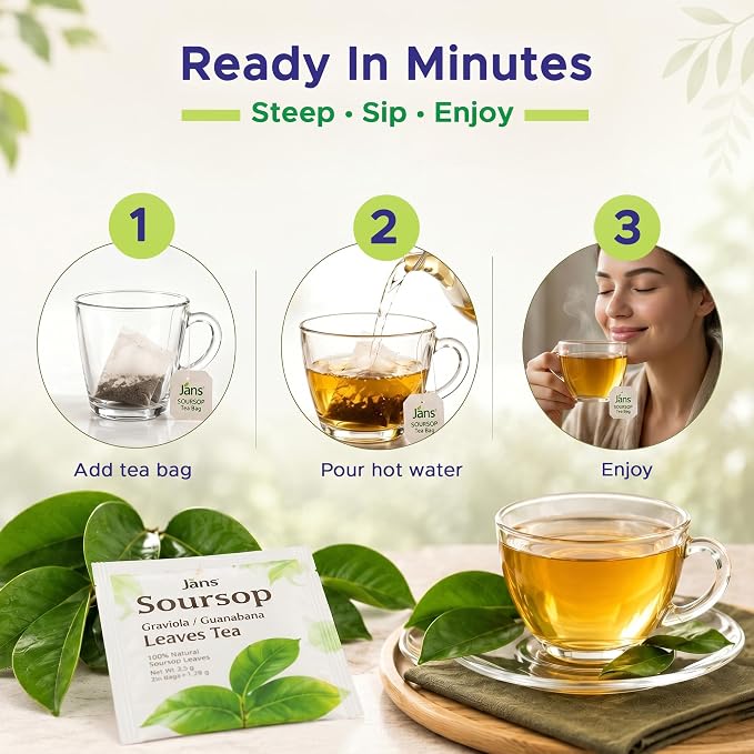 Jans Soursop Tea Bags 50 Count (2 Pack of 25) | 100% Natural Soursop Leaves | Caffeine Free Sour Sop Tea | Vegan Herbal Tea | Individually Wrapped Tea Bags | Cholesterol Free Sugar Free Relaxation Beverage