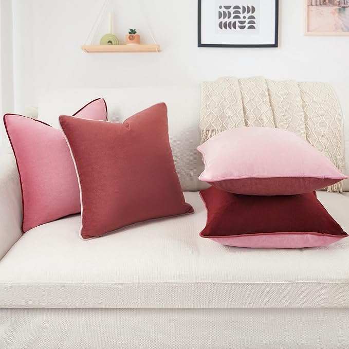 MONDAY MOOSE Decorative Throw Pillow Covers Cushion Cases, Set of 4 Soft Velvet Modern Double-Sided Designs, Mix and Match, Pillow Inserts Not Included (20x20 inch, Pink/Dark Pink)