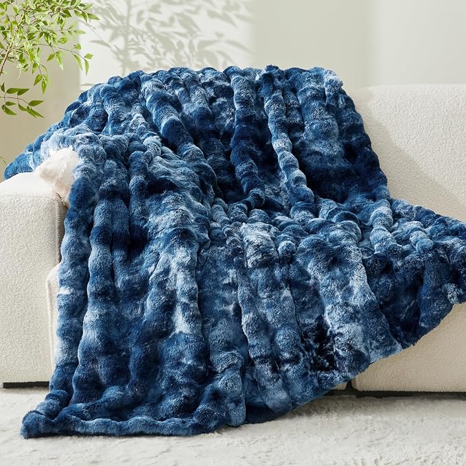 BEDELITE Faux Fur Throw Bubble Blanket for Couch, 60" x 80", Tie-Dye Blue | 870GSM Soft Cozy Plush Blanket for Sofa & Bed Living Room Decor, Warm Fuzzy Faux Rabbit Fur for Women Gift, All Season Use