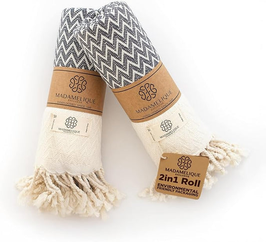 Madamelique Exclusive Hand Towels Set of 2-18 x 40 Inches - Decorative Bathroom Peshtemal Towel for Hand, Face, Hair, Yoga, Tea, Dishcloth, Kitchen and Bath - 100% Pure Cotton (Vintage Gray)