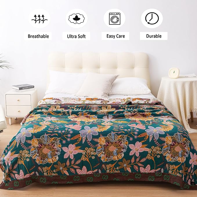 VANJOROY King Boho Throw Blanket for Bed, 100% Cotton Muslin Soft Throw-Floral Farmhouse Rustic Decor Blanket for Couch Sofa Quilt and Gift, 91" x 98"-BeigeWhite