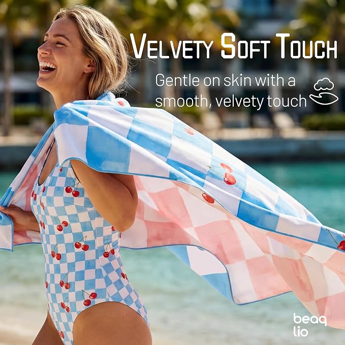 Microfiber Beach Towel Oversized w/Travel Bag, 71 * 36'' Double Print Quick Dry XL Beach Towels for Cruise Pool Yoga Gym Gift, Cute Lightweight Absorbent Sandproof Beach Essentials, Cherry