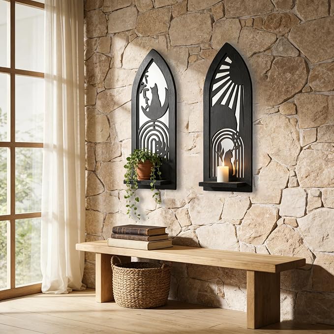 ZEXUIRU 2 Set Rustic Candle Sconces Living Room Bedroom Entryway Wood Mirrored, Farmhouse, Carved Frame Wall-Mount Wooden Candle Holders Wall Decor Hanging Handmade Holder - Black
