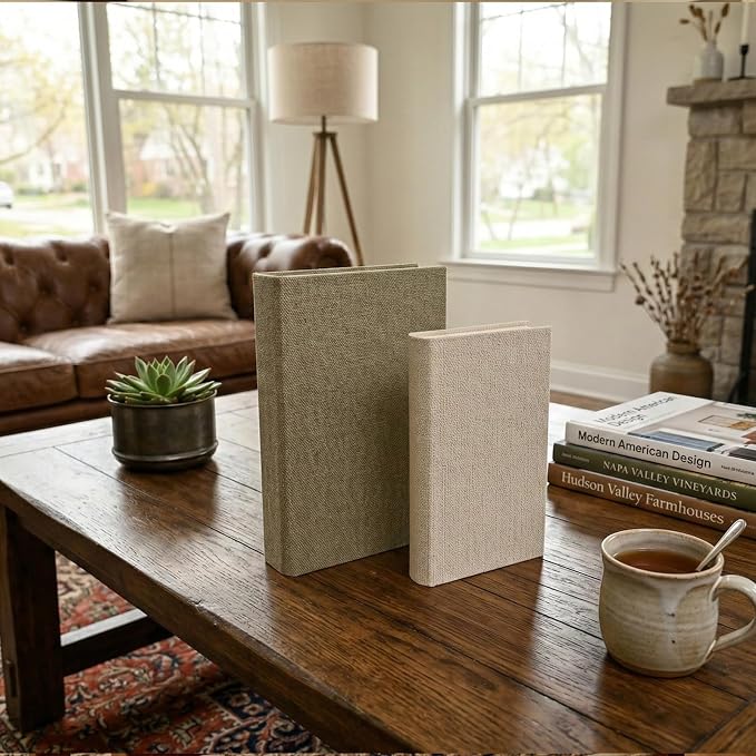 DECOR4SEASON Decorative Faux Book Storage Boxes Set of 2, Linen Fabric Textured Books, Neutral Cream & Grey, Modern Minimalist Home Decor, Bookshelf Accents for Coffee Table
