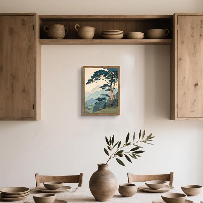 Vintage Japanese Forest Framed Canvas Wall Art – Tranquil Mountain Landscape Painting Print, Retro Nature Tree Scene Decor for Living Room Bedroom Nursery Office Home 12x16 inch