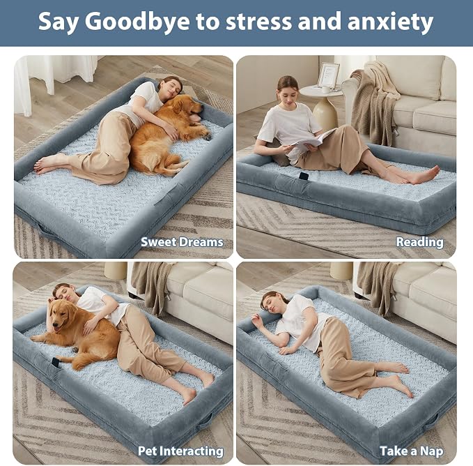 WNPETHOME Human Dog Bed Orthopedic for Adult & Dogs Comfy Sleeping | Washable Waterproof Dog Couch with Removable Cover, Large Pet Sofa Bed with Bolster Sides for Relaxing Grey 71x46 Inch