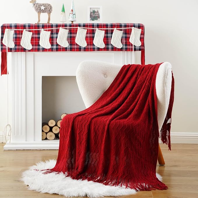 BATTILO HOME Christmas Red Throw Blanket for Couch, Textured Soft Burgundy Throw Blankets, Decorative Knitted Red Blanket for Sofa Bed Living Room, 50"x60"