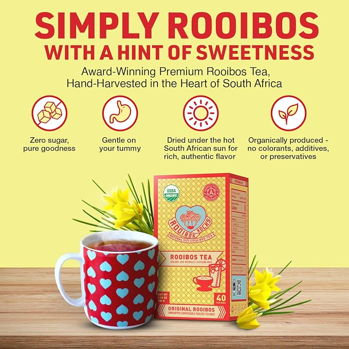 Caffeine Free Red Rooibos Tea Bags 40 - Naturally Sweet Herbal Tea Safe for Children and Pregnant Women - Low Tannin, Premium Organic Rooibos Tea Sustainably and Ethically Farmed in South Africa