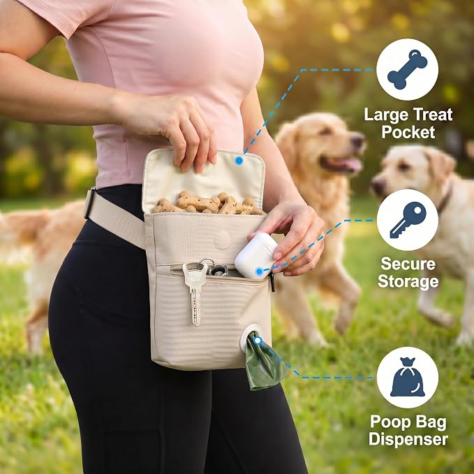 Dog Treat Pouch and Dog Training Clicker, Treat Bag with Poop Bag Dispenser, Powerful Magenetic Clasp, Metal Clip Waist Belt Fanny Pack for Pet Walk Dog Training (White)