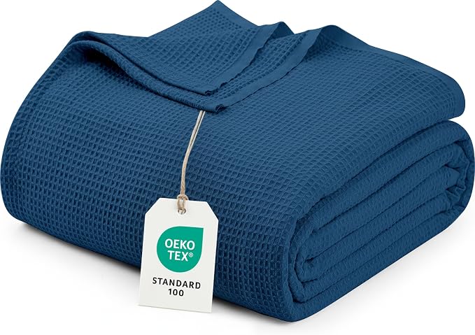 Utopia Bedding Cotton Blend Navy Waffle Blanket Queen - 90x90 Inches | Lightweight, Skin Friendly, Breathable, All Season, Luxury, Bed, Couch, Sofa
