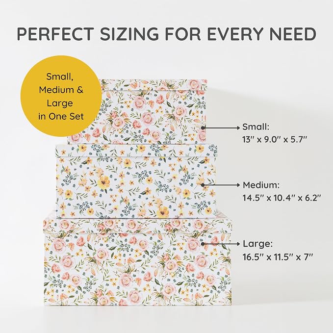 Soul & Lane - Summer Bouquet Decorative Storage Boxes with Lids, Set of 3 | Large Nesting Keepsake Boxes for Memories, Photos and Gifts, Cute Pink Floral Containers for Keepsakes and Organizing