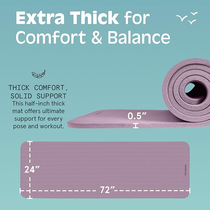 Retrospec Solana Yoga Mat Thick 1/2in Non-Slip Workout Mat with Nylon Strap - 72x24in Exercise Mat for Pilates, Stretching & Fitness - BPA Free, Easy Clean
