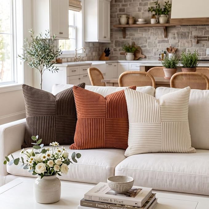 Fancy Homi 2 Packs Rust Big Decorative Throw Pillow Covers 24x24 Inch for Living Room Couch Bed, Rustic Farmhouse Boho Home Decor, Soft Corss Corduroy Patchwork Square Terracotta Cushion Case 60x60 cm