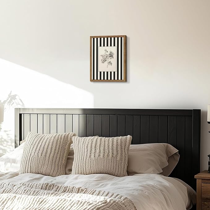 Framed Vintage Floral Wall Art, Black and White Stripes Flower Canvas Wall Decor Paintings, Minimalist Botanical Artwork Print Picture for Living Room Bedroom Bathroom 12x16 Inch