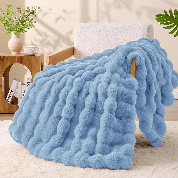 BEDELITE Faux Fur Throw Bubble Blanket for Couch, 50" x 60", Light Blue | 870GSM Soft Cozy Plush Blanket for Sofa & Bed Living Room Decor, Warm Fuzzy Faux Rabbit Fur for Women Gift, All Season Use