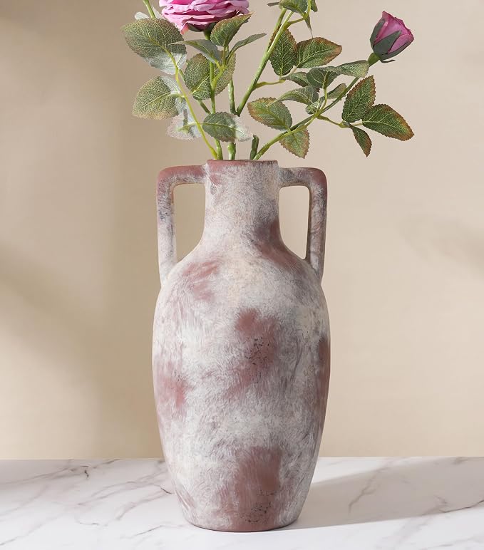 Ceramic Flower Vase with Handles, 12.8 inch Tall Farmhouse Vase Rustic Vases Decorative Pottery Vases Large Floor Vase for Home Decor Living Room Bookshelf Table Centerpiece Fireplace, Terracotta