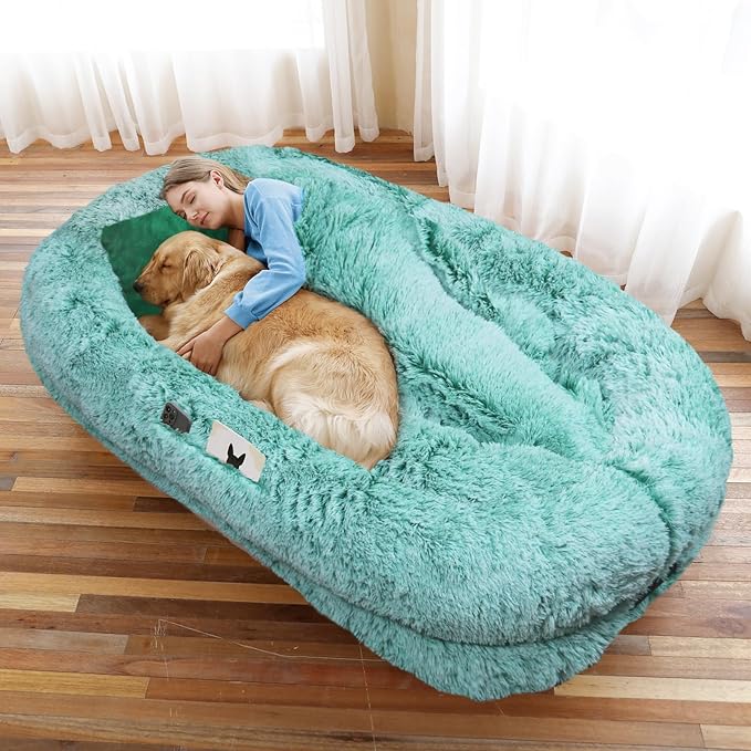 WROS Human Dog Bed for Adult, 71"x45"x12" Calming Nest Beds, GreenWhite | Washable Soft Faux Fur Cover, Orthopedic Foam Support, Non-slip Bottom, Includes Blanket, Strap & Pillow