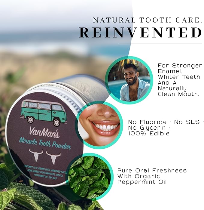 Vanman’s - Mint and Bone Tooth Powder Toothpaste (2 Pack) - Remineralizing Tooth Powder with Cattle Bone Derived Hydroxyapatite, Bentonite Clay, Peppermint Oil and Baking Soda - 2.2 oz
