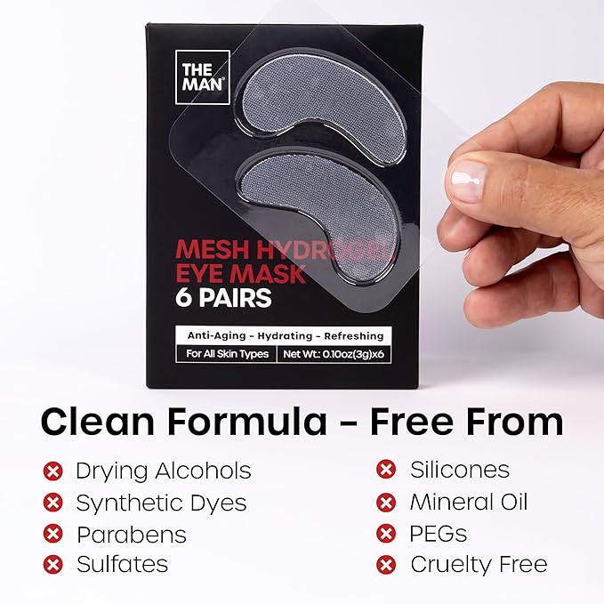 The Man Mesh Hydrogel Under Eye Patches for Men - Cooling, Hydrating & Firming Eye Masks for Dark Circles & Puffiness - Men's Anti-Aging Patches with Hyaluronic Acid, Collagen & Vitamin E. (24 Pairs)