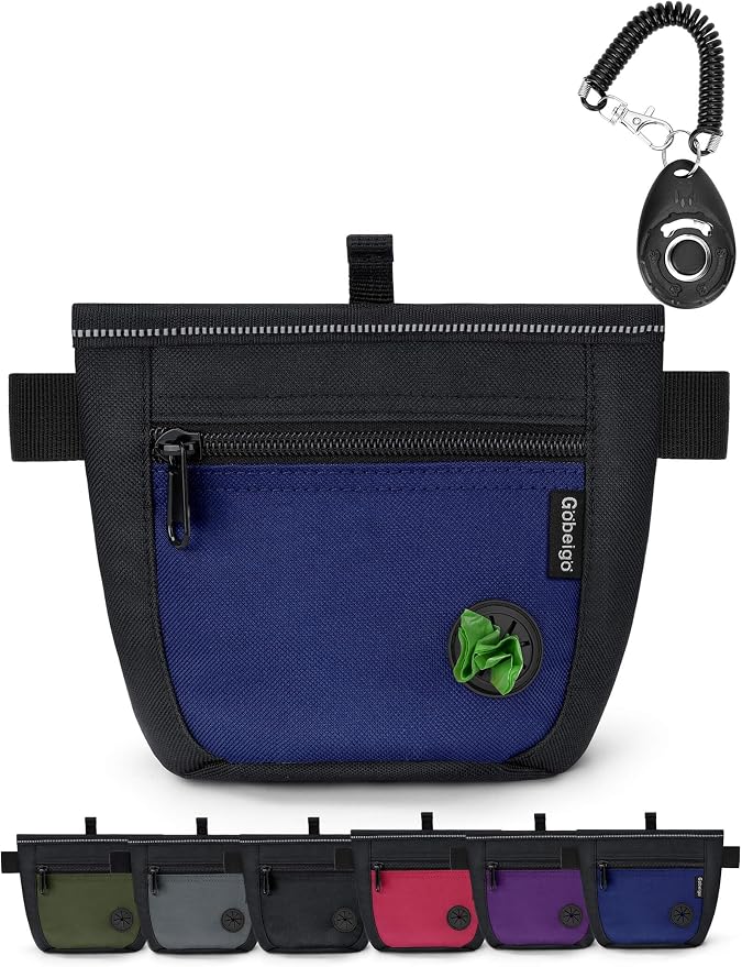 Gobeigo 2 Cup Dog Treat Pouch with Training Clicker(Black/Blue) | 2 Pair Magnetic Closures, Zipper Pocket with Poop Bag Holder, Waist Belt & Metal Clip to Wear for Pet Training/Daily Walking
